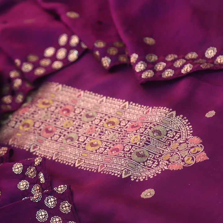Deedar Eggplant Purple Zari Weaved Neck Dola Silk Suit Set
