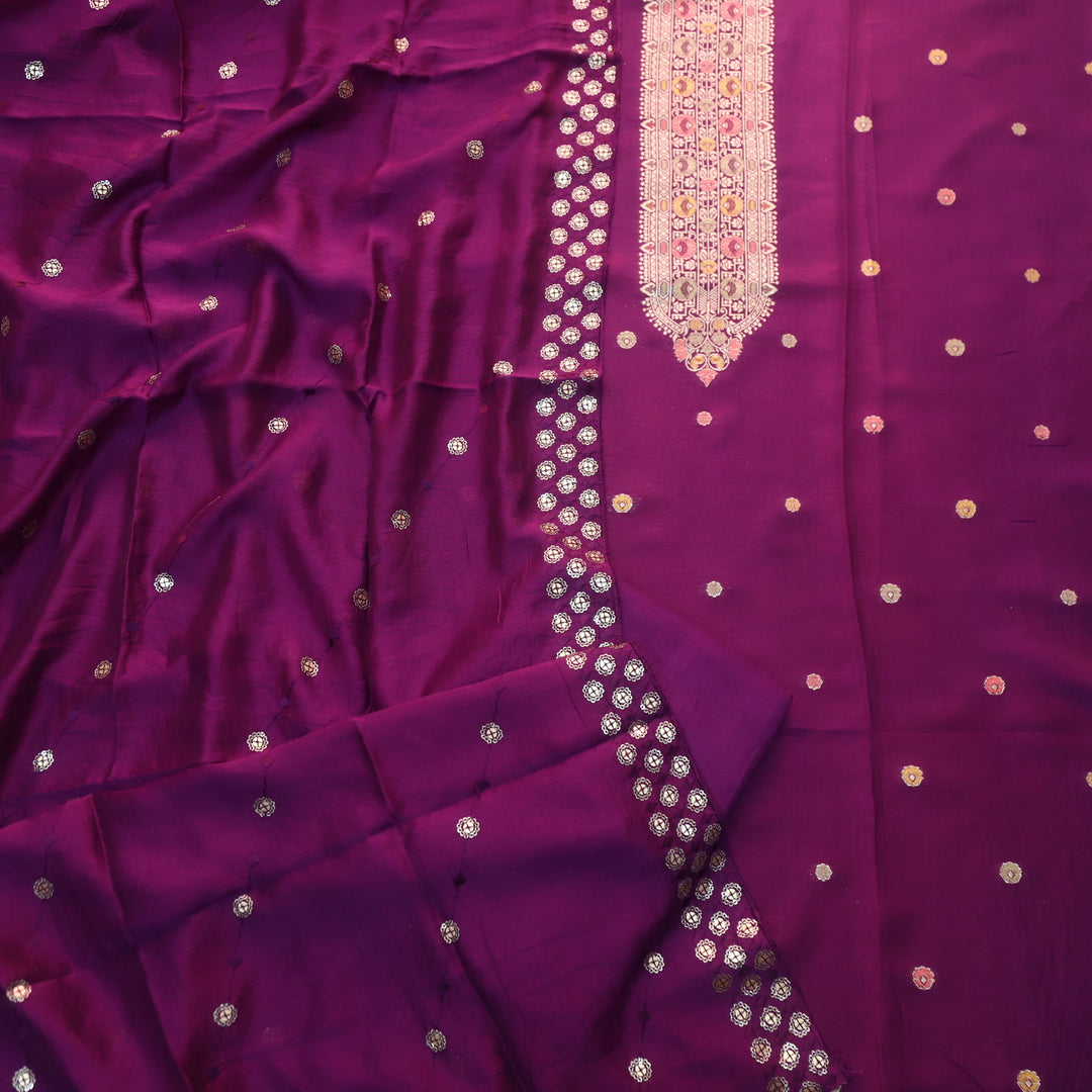 Deedar Eggplant Purple Zari Weaved Neck Dola Silk Suit Set