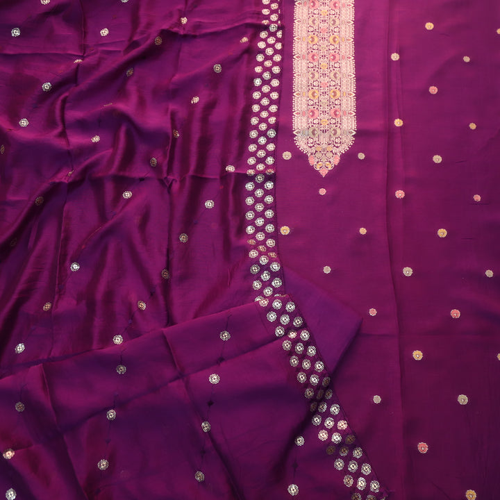 Deedar Eggplant Purple Zari Weaved Neck Dola Silk Suit Set