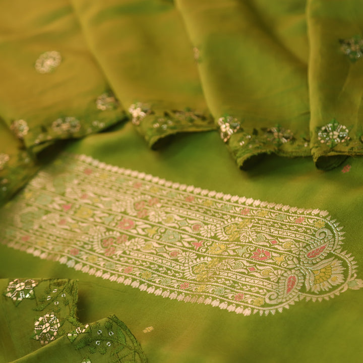 Deedar Grasshopper Green Zari Weaved Neck Dola Silk Suit Set