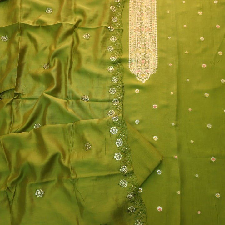 Deedar Grasshopper Green Zari Weaved Neck Dola Silk Suit Set