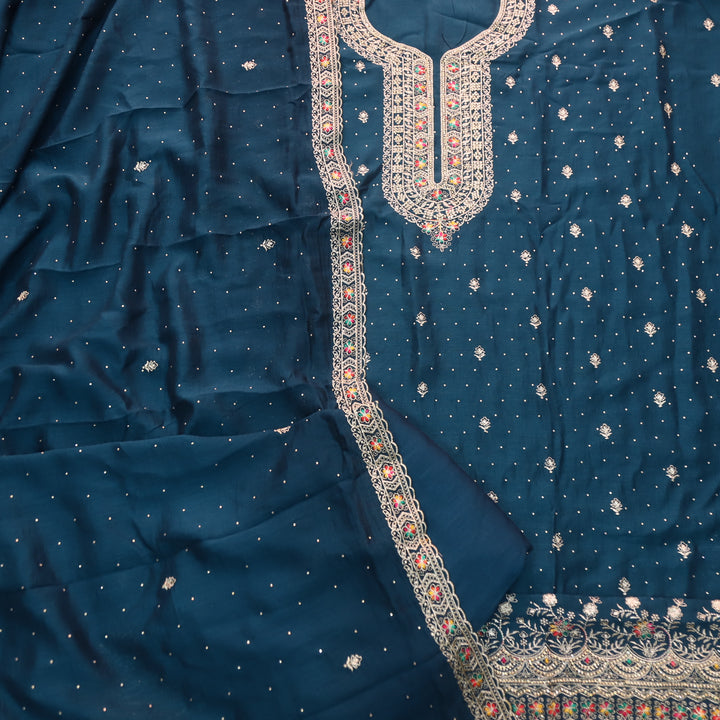 Matwali Royal Blue Zari with Swarovski Neck Work Chinon Suit Set