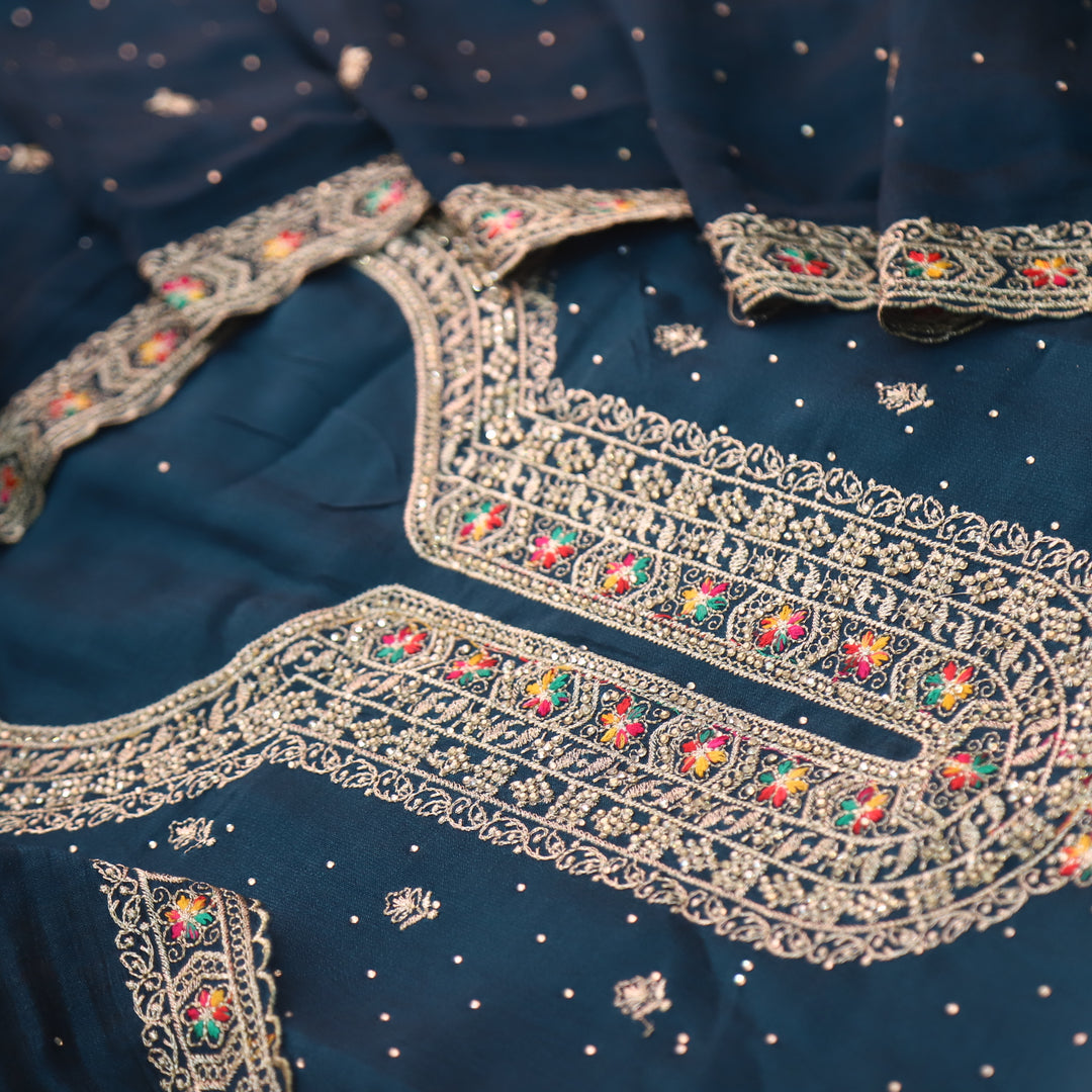 Matwali Royal Blue Zari with Swarovski Neck Work Chinon Suit Set