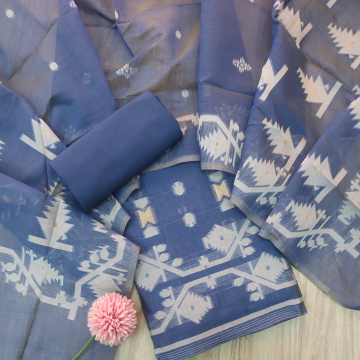 Tejasvi Sapphire Blue Authentic Jamdani Weaved Detailing Suit Set