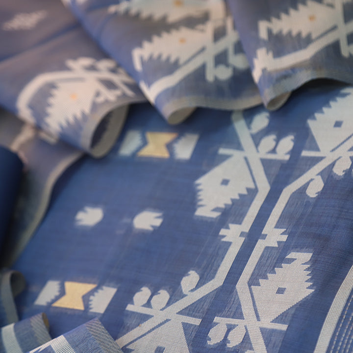 Tejasvi Sapphire Blue Authentic Jamdani Weaved Detailing Suit Set
