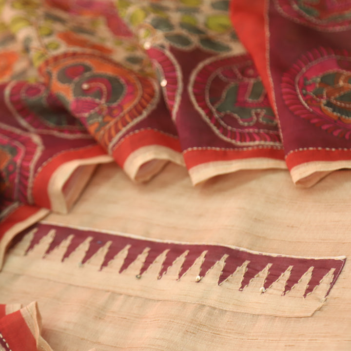 Rukmani Maroon Red Digital Printed Kantha Work Chanderi Suit Set
