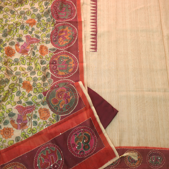 Rukmani Maroon Red Digital Printed Kantha Work Chanderi Suit Set