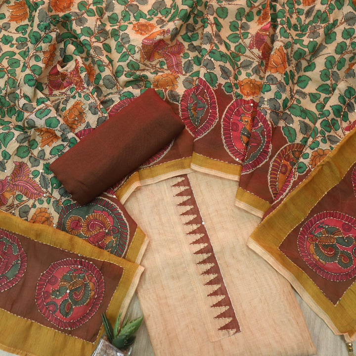 Rukmani Choco Brown Digital Printed Kantha Work Chanderi Suit Set