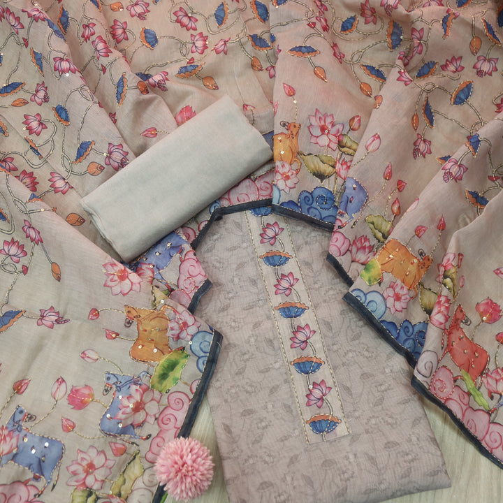 Rukmani Pearl Grey Pichwai Print Kantha Work Chanderi Suit Set