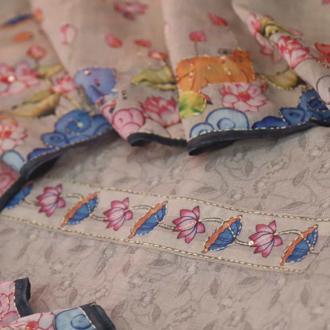 Rukmani Pearl Grey Pichwai Print Kantha Work Chanderi Suit Set
