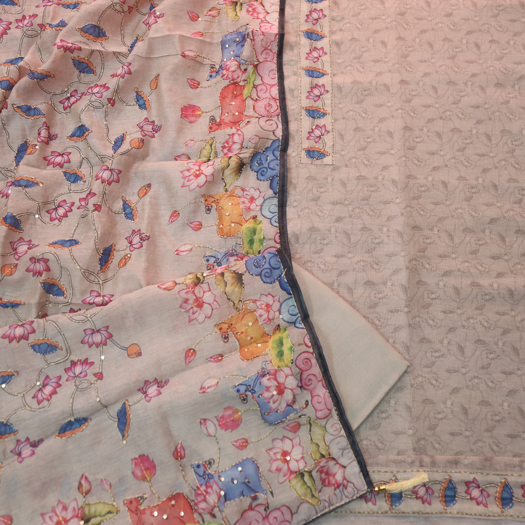 Rukmani Pearl Grey Pichwai Print Kantha Work Chanderi Suit Set