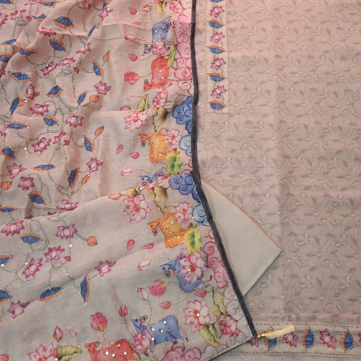 Rukmani Pearl Grey Pichwai Print Kantha Work Chanderi Suit Set