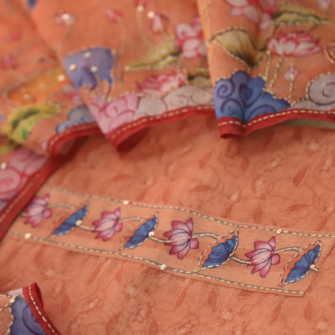 Rukmani Cheek Peach Pichwai Print Kantha Work Chanderi Suit Set