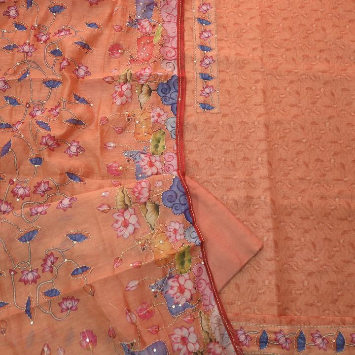 Rukmani Cheek Peach Pichwai Print Kantha Work Chanderi Suit Set