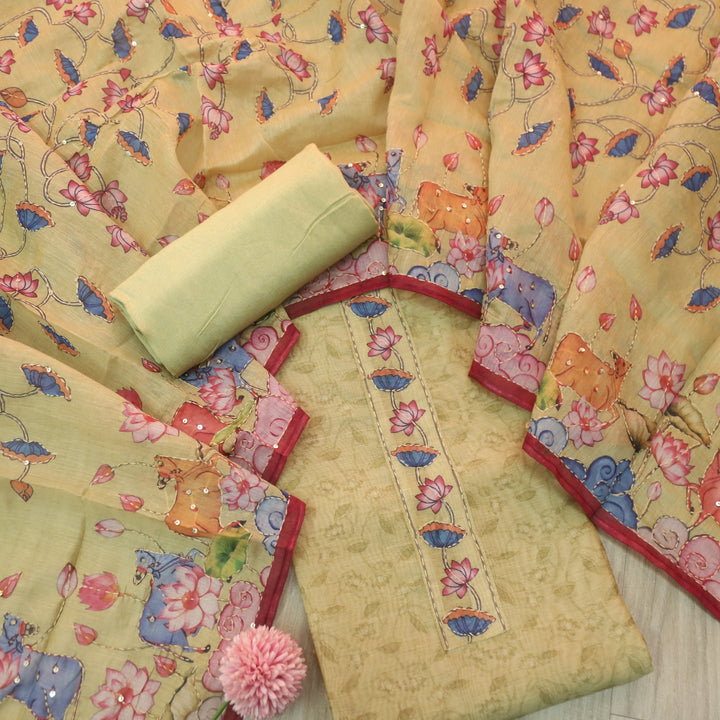 Rukmani Mint Green Pichwai Print Kantha Work Chanderi Suit Set