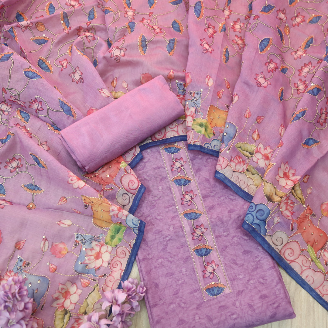 Rukmani Lavish Lilac Pichwai Print Kantha Work Chanderi Suit Set