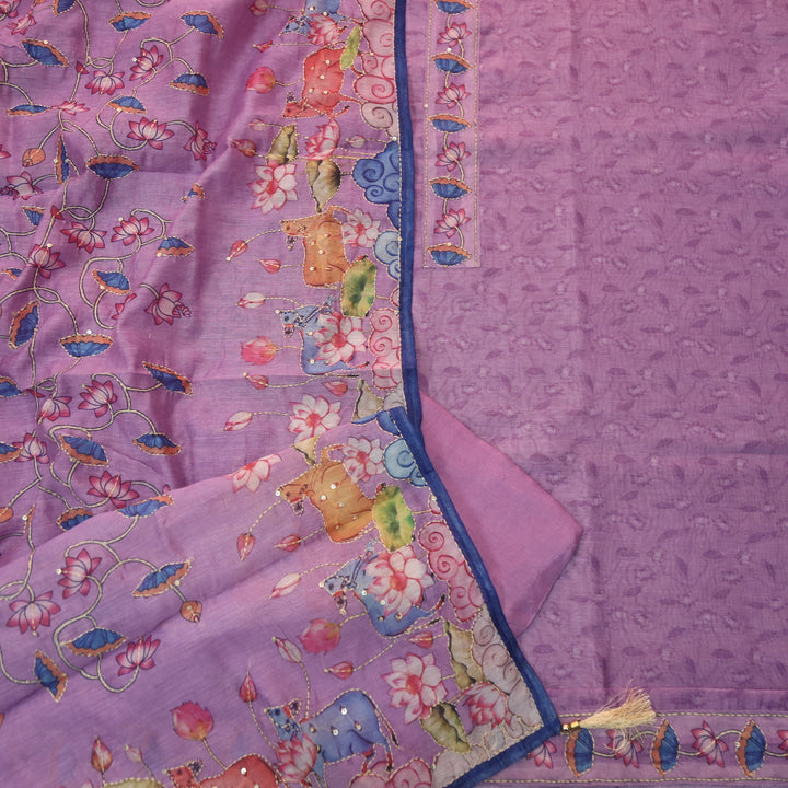 Rukmani Lavish Lilac Pichwai Print Kantha Work Chanderi Suit Set