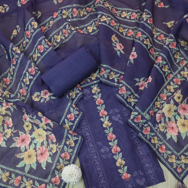 Rukmani Indigo Purple Digital Printed Kantha Embroidery Chanderi Suit Set