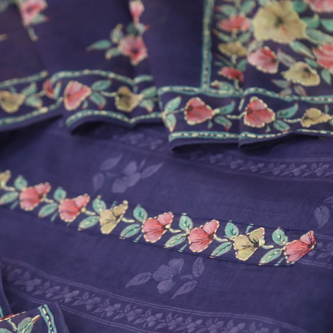 Rukmani Indigo Purple Digital Printed Kantha Embroidery Chanderi Suit Set