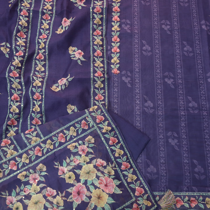 Rukmani Indigo Purple Digital Printed Kantha Embroidery Chanderi Suit Set