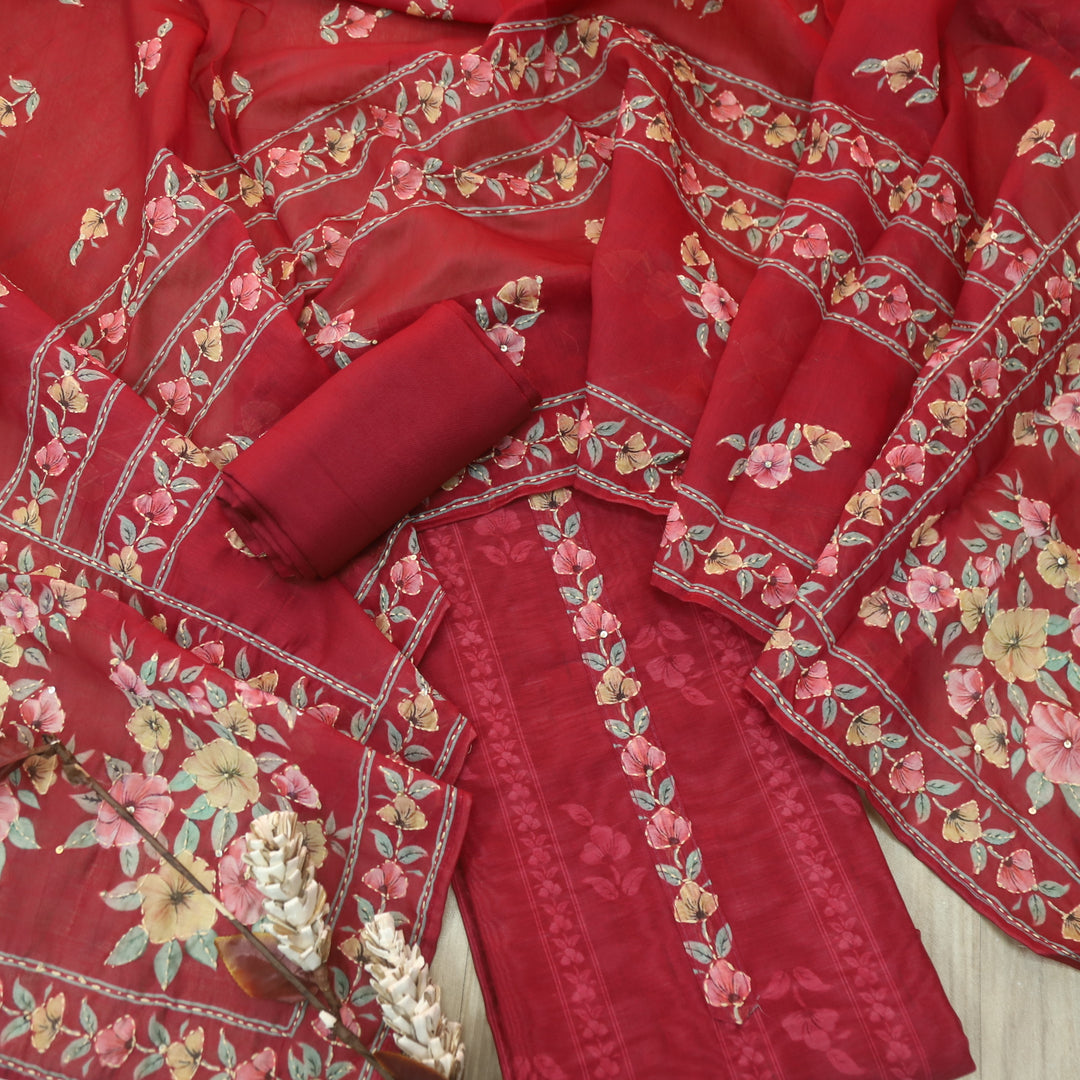 Rukmani Berry Red Digital Printed Kantha Embroidery Chanderi Suit Set