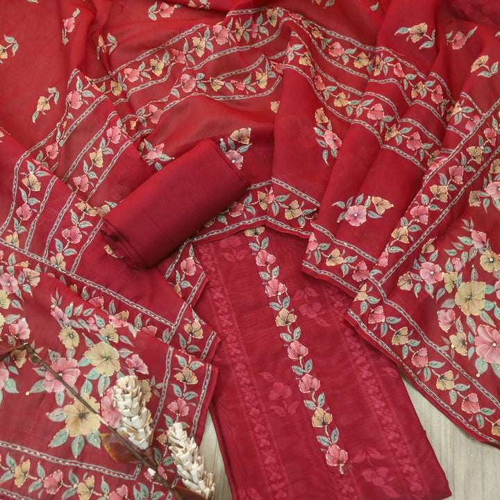Rukmani Berry Red Digital Printed Kantha Embroidery Chanderi Suit Set