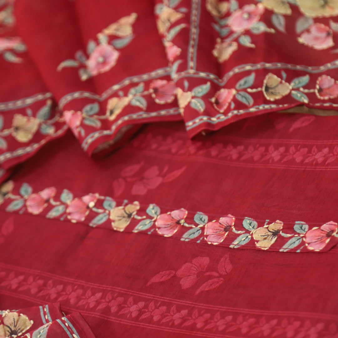 Rukmani Berry Red Digital Printed Kantha Embroidery Chanderi Suit Set