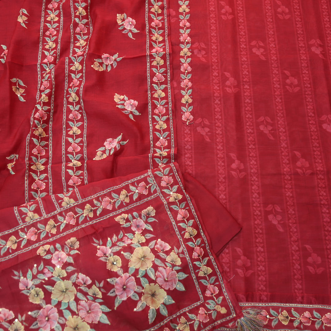 Rukmani Berry Red Digital Printed Kantha Embroidery Chanderi Suit Set
