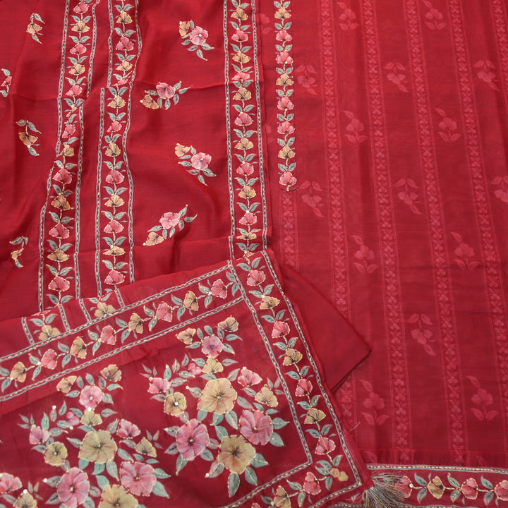 Rukmani Berry Red Digital Printed Kantha Embroidery Chanderi Suit Set