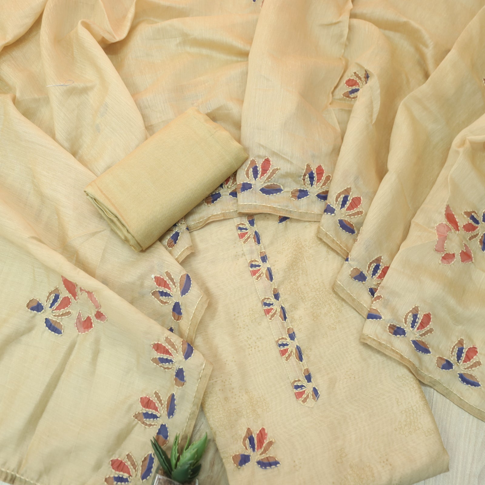 Alhada Powder Skin Beige Kantha Embroidery Chanderi Suit Set ...