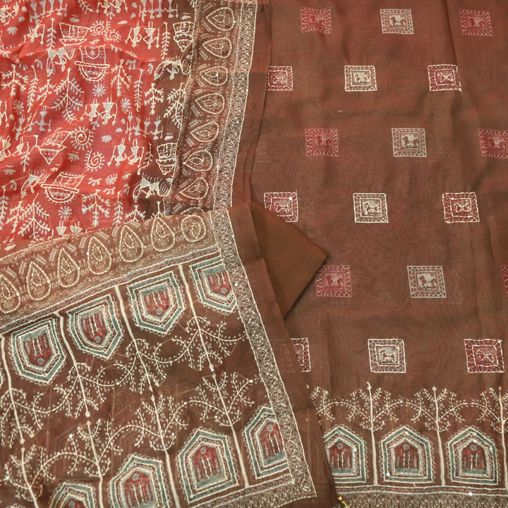 Dua Powder Brown Digital Print with Kantha Work Chanderi Suit Set