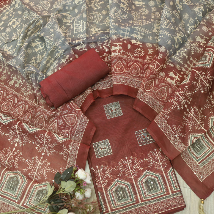 Dua Barn Maroon Digital Print with Kantha Work Chanderi Suit Set