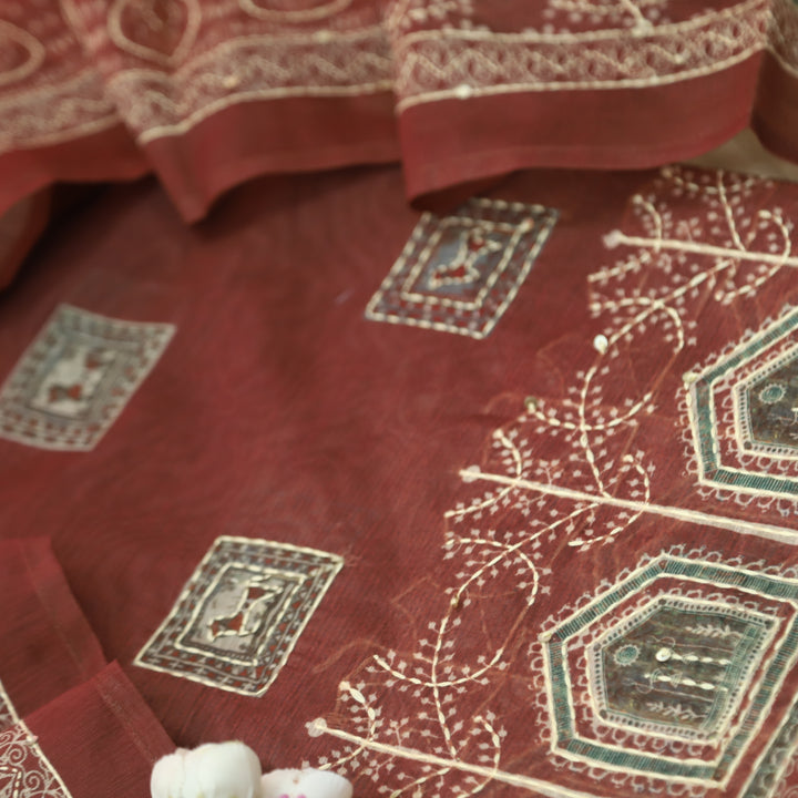 Dua Barn Maroon Digital Print with Kantha Work Chanderi Suit Set