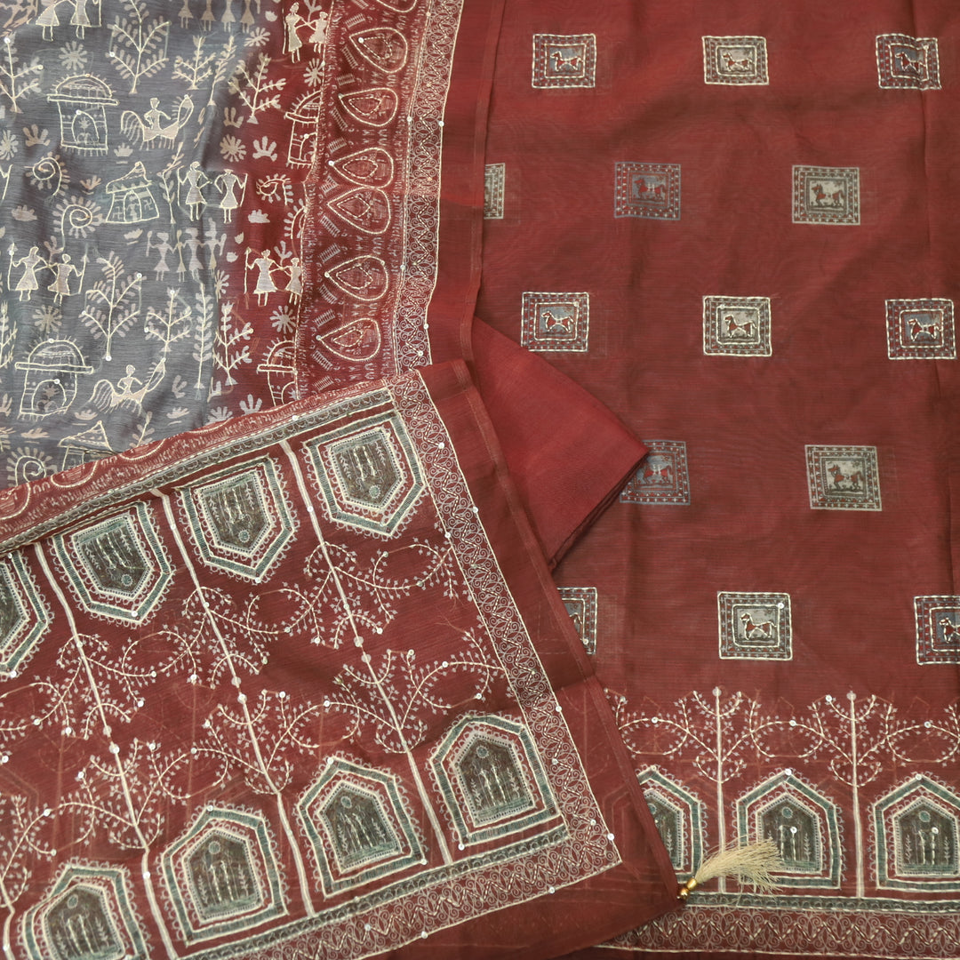 Dua Barn Maroon Digital Print with Kantha Work Chanderi Suit Set