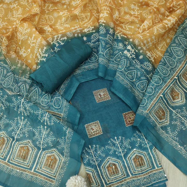 Dua Prussian Blue  Digital Print with Kantha Work Chanderi Suit Set