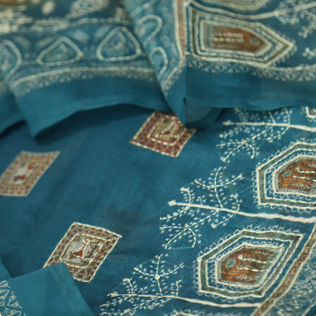 Dua Prussian Blue  Digital Print with Kantha Work Chanderi Suit Set