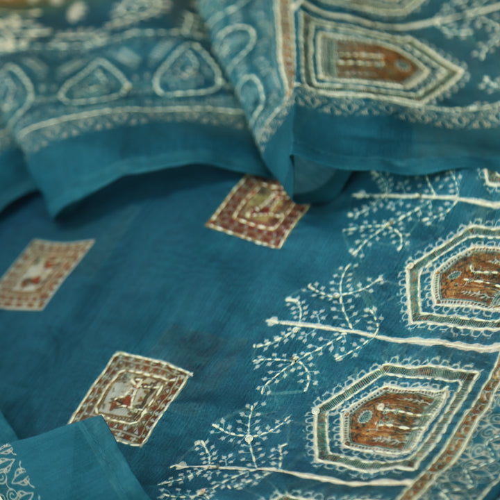 Dua Prussian Blue  Digital Print with Kantha Work Chanderi Suit Set