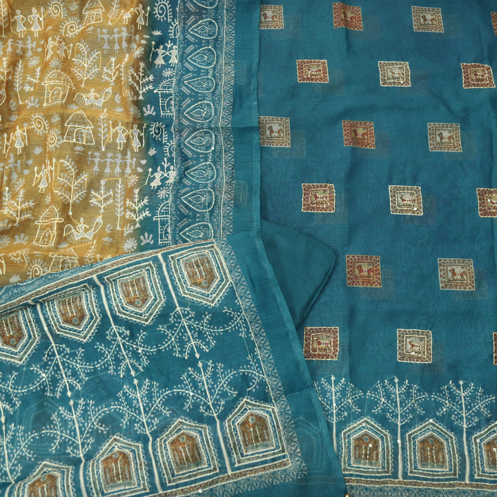 Dua Prussian Blue  Digital Print with Kantha Work Chanderi Suit Set