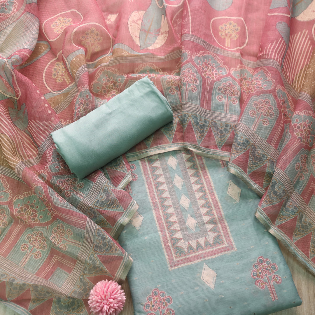 Ruaa Sage Green Digital Printed with Brocade details Chanderi Suit Set