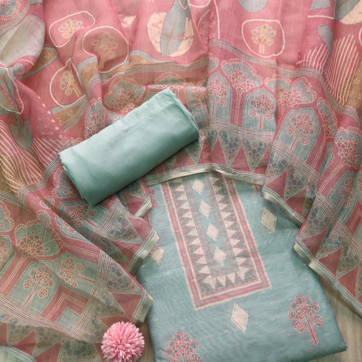 Ruaa Sage Green Digital Printed with Brocade details Chanderi Suit Set