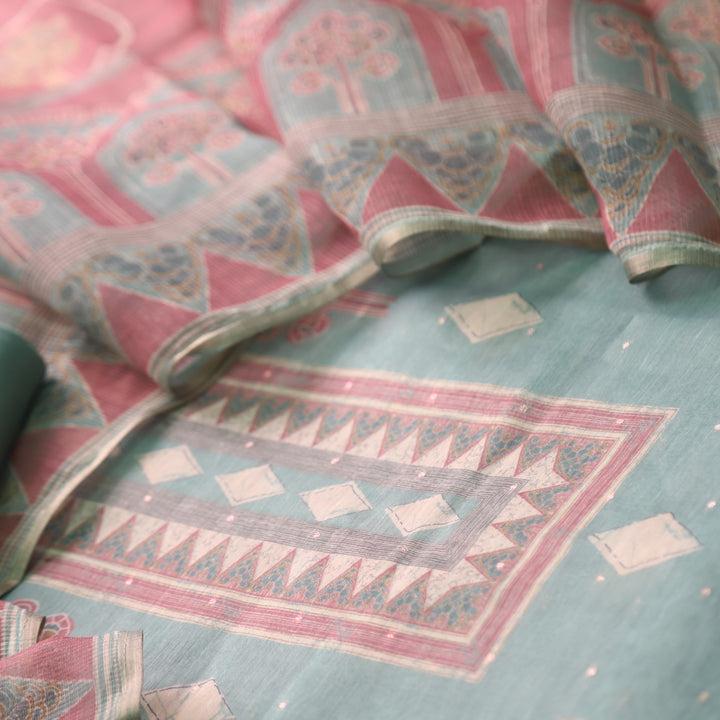 Ruaa Sage Green Digital Printed with Brocade details Chanderi Suit Set