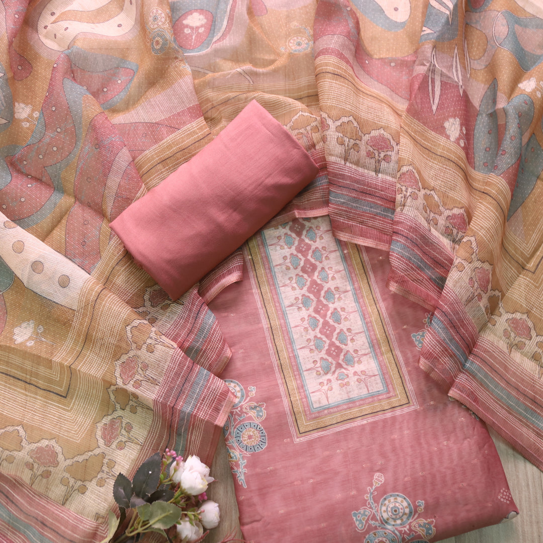 Ruaa Soft Pink Digital Printed with Brocade details Chanderi Suit Set