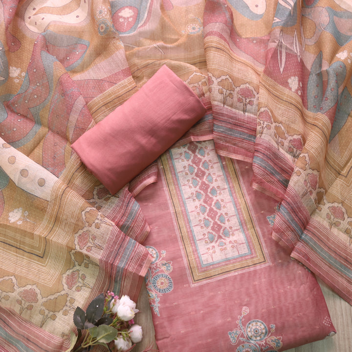 Ruaa Soft Pink Digital Printed with Brocade details Chanderi Suit Set