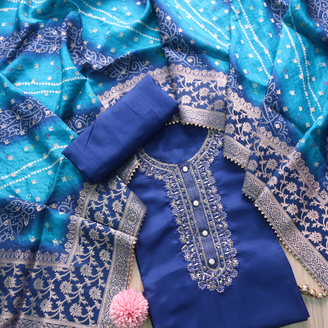 Roshani Royal Azure Blue Embellished Neck Work Dola Silk Suit Set