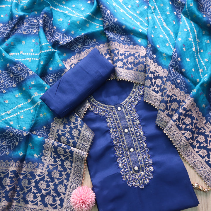 Roshani Royal Azure Blue Embellished Neck Work Dola Silk Suit Set