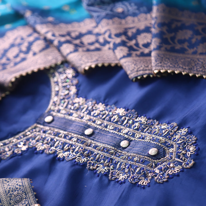 Roshani Royal Azure Blue Embellished Neck Work Dola Silk Suit Set