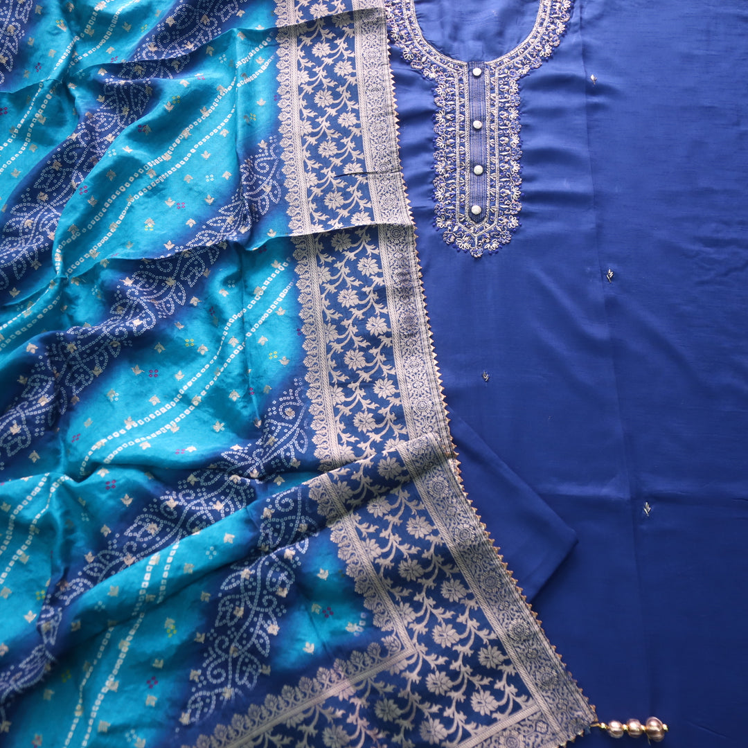 Roshani Royal Azure Blue Embellished Neck Work Dola Silk Suit Set