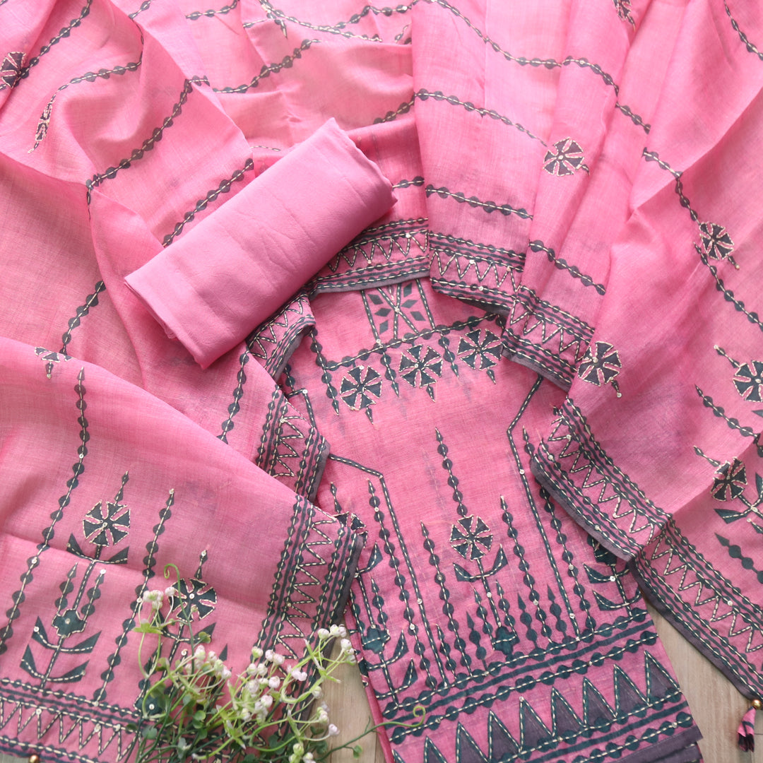 Dua Baby Pink Digital Print with Kantha Work Chanderi Suit Set