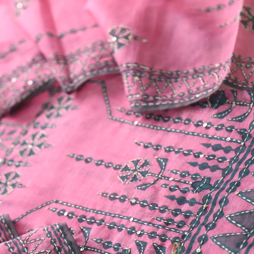 Dua Baby Pink Digital Print with Kantha Work Chanderi Suit Set