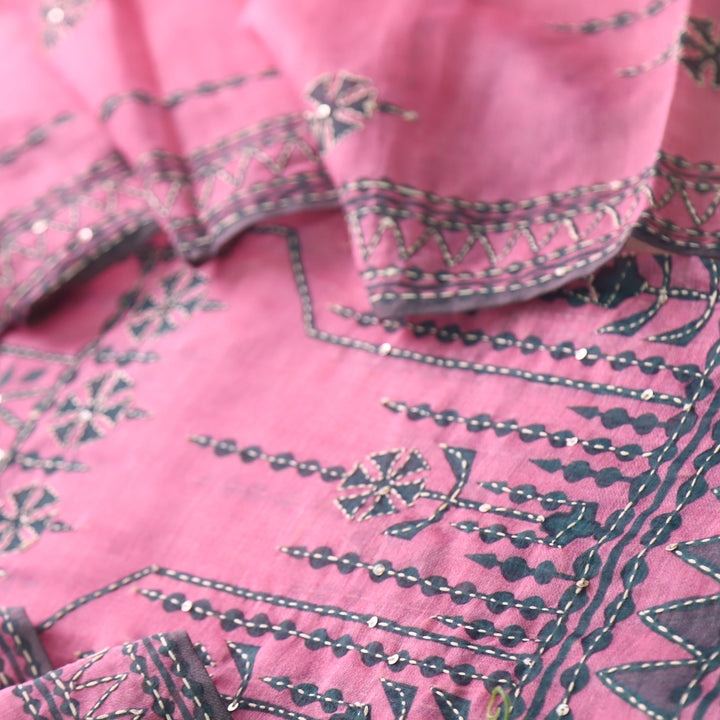 Dua Baby Pink Digital Print with Kantha Work Chanderi Suit Set